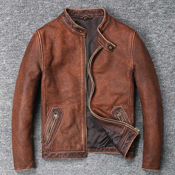 men's leather & faux vintage cow stand collar wash do old coat men brown color simple style biker jacket for male, Black
men's leather & faux vintage cow stand collar wash do old coat men brown color simple style biker jacket for male, Black