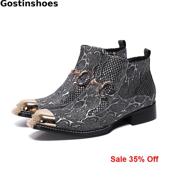 gray snake skin pattern printed genuine leather fashion men boots metal cap toe pointed side zipper slip on men ankle boots, Black
gray snake skin pattern printed genuine leather fashion men boots metal cap toe pointed side zipper slip on men ankle boots, Black