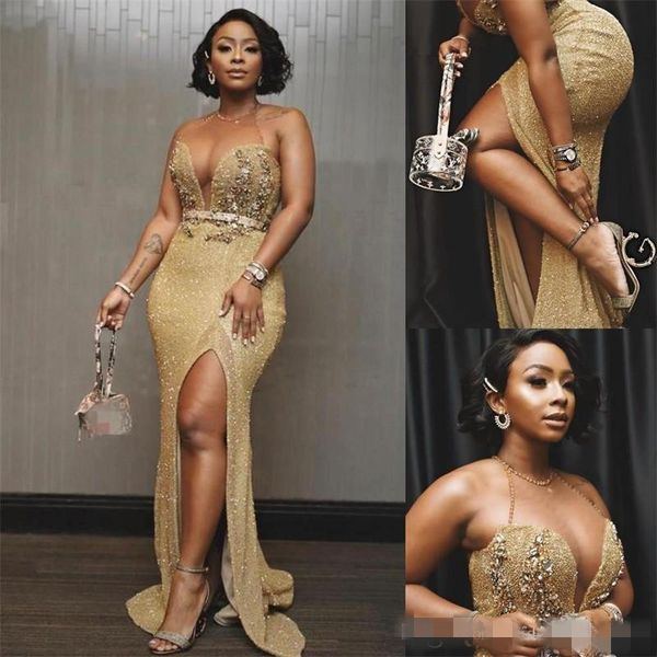 luxury gold mermaid prom dresses halter sheer neck side slit sparkly sequins luxury beaded crystals formal evening wear custom made, Black
luxury gold mermaid prom dresses halter sheer neck side slit sparkly sequins luxury beaded crystals formal evening wear custom made, Black