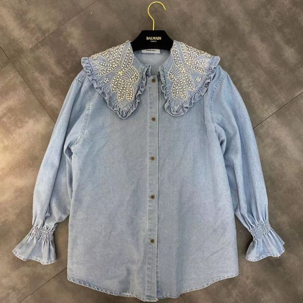 deat 2020 spring long sleeve ruffled diamonds collar blue denim long shirt women blouse and mh753, White
deat 2020 spring long sleeve ruffled diamonds collar blue denim long shirt women blouse and mh753, White