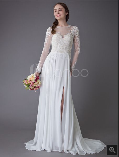 robe de mariage 2019 new arrival a line wedding dresses long sleeve lace chiffon high split wedding gowns illusion summer bridal gowns, White
robe de mariage 2019 new arrival a line wedding dresses long sleeve lace chiffon high split wedding gowns illusion summer bridal gowns, White