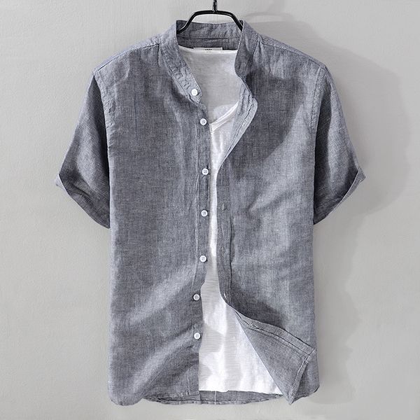 #4736 summer 55% linen shirt men solid color stand color grey red blue short sleeve casual shirt for man thin breathable, White;black
#4736 summer 55% linen shirt men solid color stand color grey red blue short sleeve casual shirt for man thin breathable, White;black