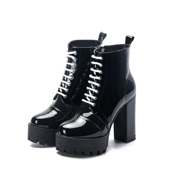 women stylish pointed toe high heels chunky patent leather skipproof ankle boots super high lace up black c304
women stylish pointed toe high heels chunky patent leather skipproof ankle boots super high lace up black c304