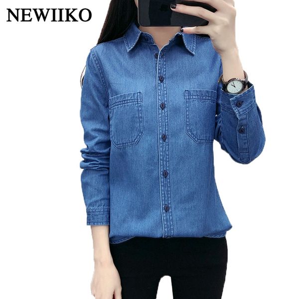 2019 new spring autumn women cotton pocket turn-down collar long sleeve blouse blue denim shirt casual, White
2019 new spring autumn women cotton pocket turn-down collar long sleeve blouse blue denim shirt casual, White
