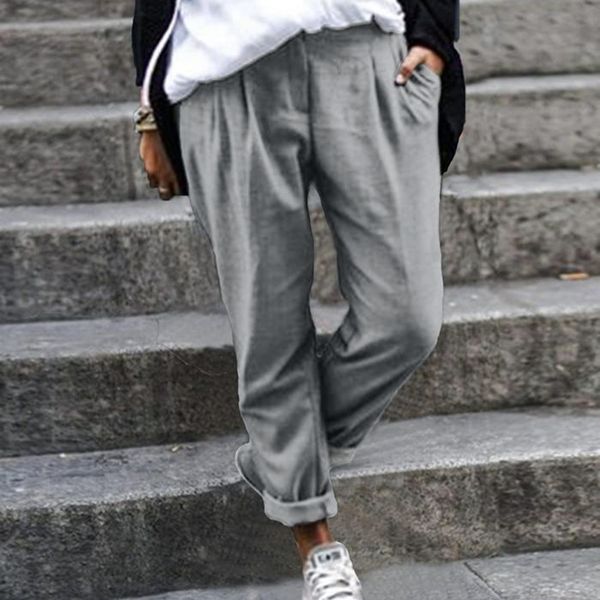 fashion women causal office pants high waist solid long pants loose straight leg #3, Black;white