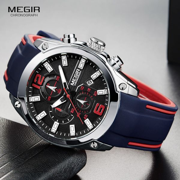 

megir men's chronograph analog quartz watch with date, luminous hands, waterproof silicone rubber strap wristswatch for man, Slivery;brown