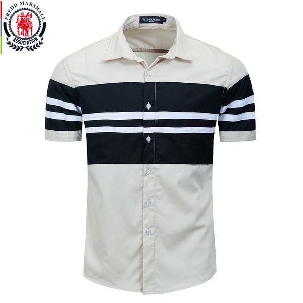 fredd marshall 2020 new fashion patchwork shirt men 100% cotton casual short sleeve striped shirt homme camisa masculina 558932, White;black 
fredd marshall 2020 new fashion patchwork shirt men 100% cotton casual short sleeve striped shirt homme camisa masculina 558932, White;black