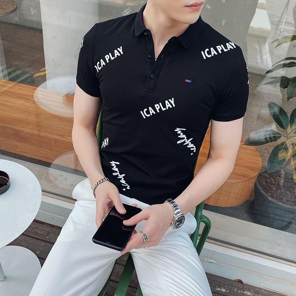 letter printed men's shirt casual business work men's clothing short sleeve slim streetwear cotton shirt, White;black 
letter printed men's shirt casual business work men's clothing short sleeve slim streetwear cotton shirt, White;black