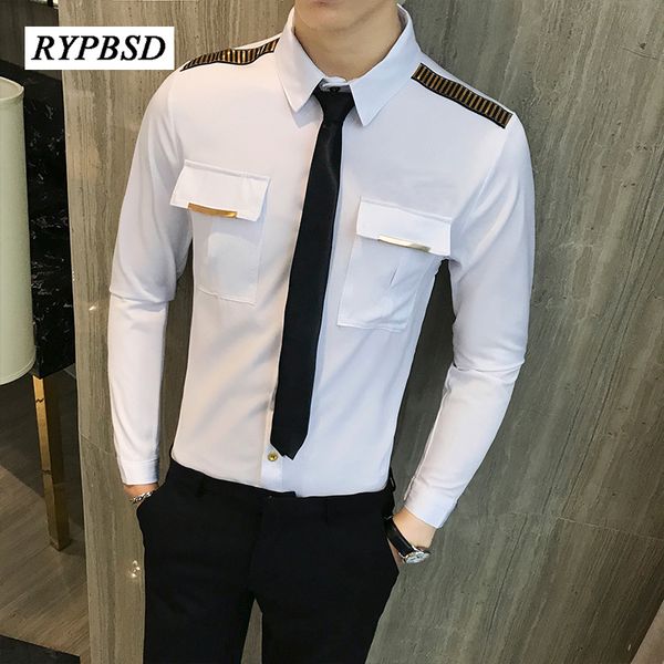white dress shirt men 2020 spring fashion sequins epaulets men long sleeved shirt slim fit mens pilot shirts bar ktv uniform, White;black
white dress shirt men 2020 spring fashion sequins epaulets men long sleeved shirt slim fit mens pilot shirts bar ktv uniform, White;black