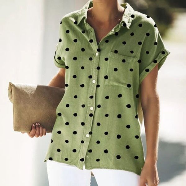 2019 new ladies casual loose polyester lapel short sleeve polka dot large size blouse, White
2019 new ladies casual loose polyester lapel short sleeve polka dot large size blouse, White