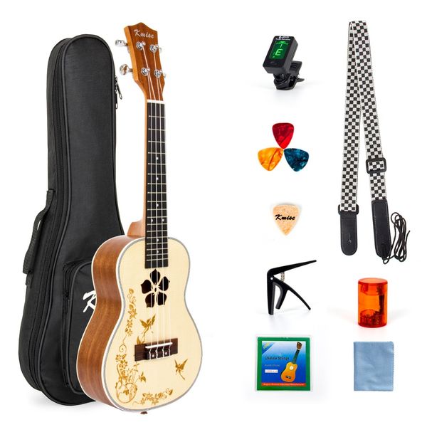 

kmise concert ukulele solid spruce ukelele 21 inch beginner kit with gig bag strap tuner string picks capo sand shaker