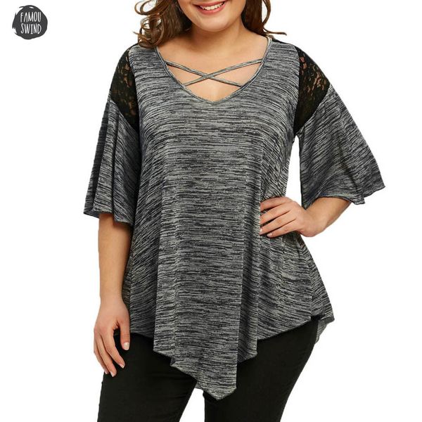 size blouse big flare sleeve tunic asymmetrical plaid shirt women half v neck patchwork sleeve lace panel womens plus size, White 
size blouse big flare sleeve tunic asymmetrical plaid shirt women half v neck patchwork sleeve lace panel womens plus size, White