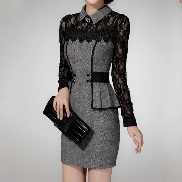 party dress women slim evening dress long sleeves thin lace splicing, Black;gray
party dress women slim evening dress long sleeves thin lace splicing, Black;gray