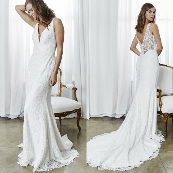 2019 elegant mermaid wedding dresses v neck lace appliqued sweep train beach wedding dress custom plus size country bridal gowns, White
2019 elegant mermaid wedding dresses v neck lace appliqued sweep train beach wedding dress custom plus size country bridal gowns, White
