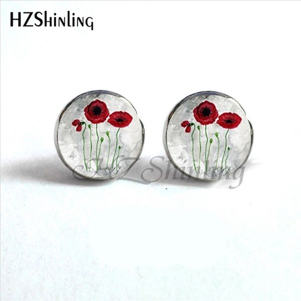 new arrival red poppy art earrings handmade round glass dome field of poppies flower stud earrings wholesale hz4 ed-0035, Golden;silver