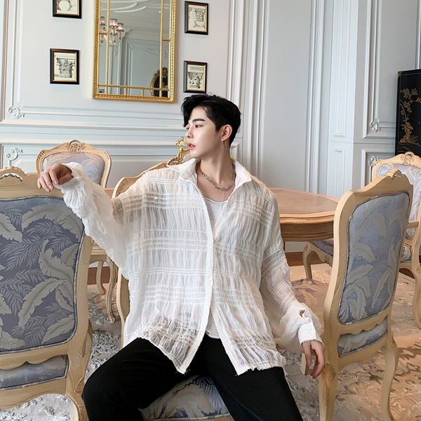 men's casual shirts summer see-through shirt loose long sleeve lace pleated oversize vintage black white size b11, White;black
men's casual shirts summer see-through shirt loose long sleeve lace pleated oversize vintage black white size b11, White;black