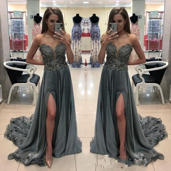 2019 sheer neck gray prom dresses sleeveless beaded chiffon sweep train split evening dress party gowns, Black
2019 sheer neck gray prom dresses sleeveless beaded chiffon sweep train split evening dress party gowns, Black