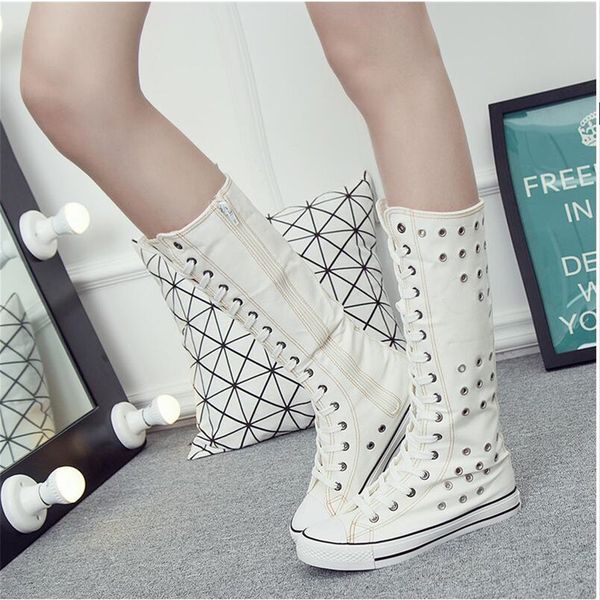 new super high canvas shoes women's side zipper canvas boots long tube shoes flat with casual tide winter, Black
new super high canvas shoes women's side zipper canvas boots long tube shoes flat with casual tide winter, Black
