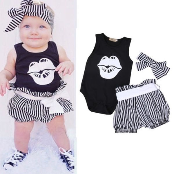 3 pieces lip print sleeveless bodysuit romper and stripe shorts with headband set for baby girl clothes, Pink;blue
3 pieces lip print sleeveless bodysuit romper and stripe shorts with headband set for baby girl clothes, Pink;blue