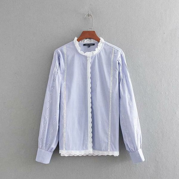 fashion women cc62-9066 european and american fashion stripe hollow-out embroidered shirts, White 
fashion women cc62-9066 european and american fashion stripe hollow-out embroidered shirts, White