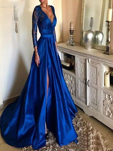 2021 royal blue plunging v-neck lace long prom dresses high split long sleeves satin evening gowns plus size sweep train vestidos de festa, Black;red
2021 royal blue plunging v-neck lace long prom dresses high split long sleeves satin evening gowns plus size sweep train vestidos de festa, Black;red