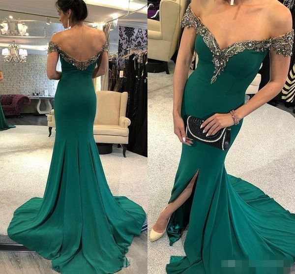 vintage green mermaid evening dresses elegant off the shoulder beaded crystal front slit sweep train custom made prom ball gown, Black;red 
vintage green mermaid evening dresses elegant off the shoulder beaded crystal front slit sweep train custom made prom ball gown, Black;red
