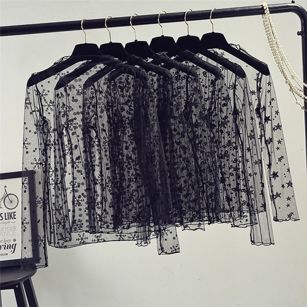 women blouse woman summer spring women lace shirt mesh through long sleeve black dot star striped shirt stand collar blouse, White
women blouse woman summer spring women lace shirt mesh through long sleeve black dot star striped shirt stand collar blouse, White