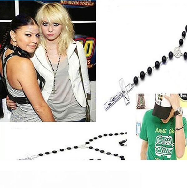 fashion rock style design mens womens cross pendant black rosary beads long chain necklace good quality 1289, Silver 
fashion rock style design mens womens cross pendant black rosary beads long chain necklace good quality 1289, Silver