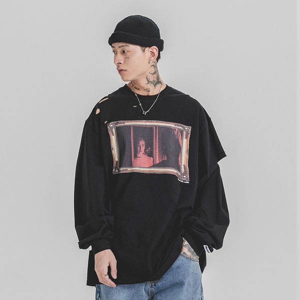 men 2020 new broken hole long sleeve t-shirt oversize male women couple spring summer streetwear hip hop print loose tees shirts, White;black
men 2020 new broken hole long sleeve t-shirt oversize male women couple spring summer streetwear hip hop print loose tees shirts, White;black
