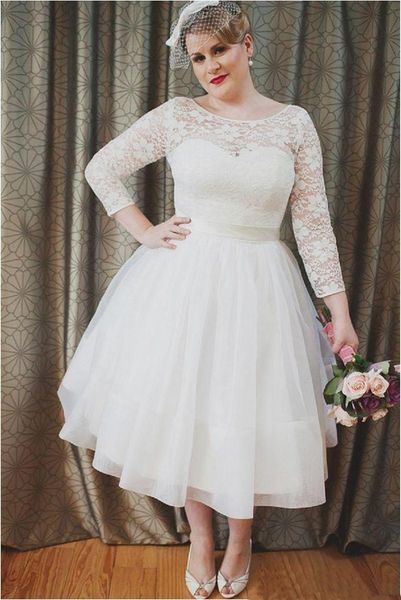 setwell jewel sheer neck a-line wedding dresses 3/4 long sleeves lace appliques tea length plus size bridal gowns with belt, White
setwell jewel sheer neck a-line wedding dresses 3/4 long sleeves lace appliques tea length plus size bridal gowns with belt, White