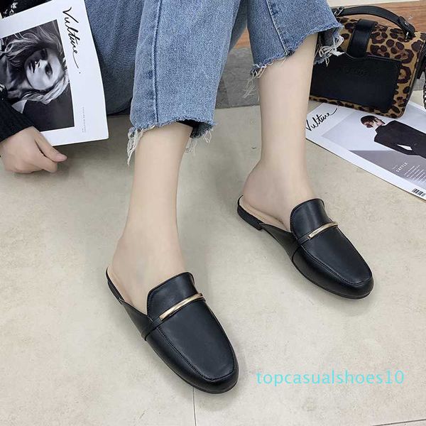 square toe shoes womens slippers outdoor low pantofle luxury slides loafers soft cover summer 2020 designer pu fabric rubber t10, Black
