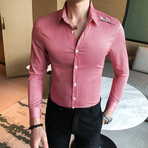 men's casual shirts men striped shirt slim long sleeve summer bird embroidery buttons blouse, White;black
men's casual shirts men striped shirt slim long sleeve summer bird embroidery buttons blouse, White;black