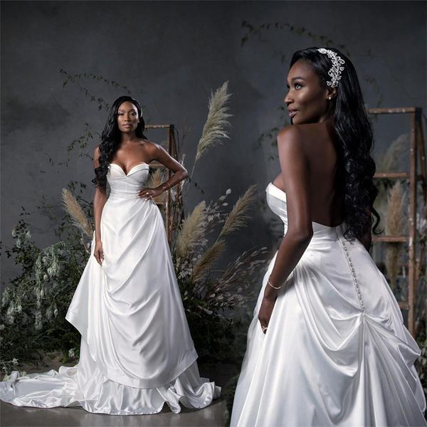 

vestido de novia white wedding dresses a line satin sweetheart ruched backless wedding bridal gowns sweep train robe de mariee