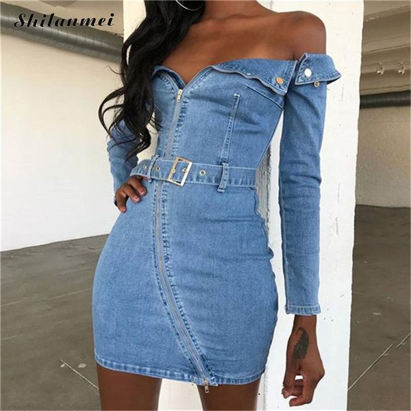 

off shoulder sashes denim dresses long sleeve strapless women zipper backless nightclub sheath mini dress party vestidos, Black;gray