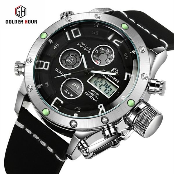 goldenhour brand fashion men watch leather dual display quartz watches mens sports led male clock relogio masculino, Slivery;brown
goldenhour brand fashion men watch leather dual display quartz watches mens sports led male clock relogio masculino, Slivery;brown