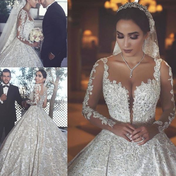 long sleeves ball gown wedding dresses crystal beads appliques long train arabic illusion bridal gowns customized, White
long sleeves ball gown wedding dresses crystal beads appliques long train arabic illusion bridal gowns customized, White