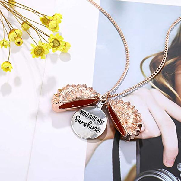 you are my sunshine carved necklace sunflower necklace couple locket 2 pcs, Silver 
you are my sunshine carved necklace sunflower necklace couple locket 2 pcs, Silver