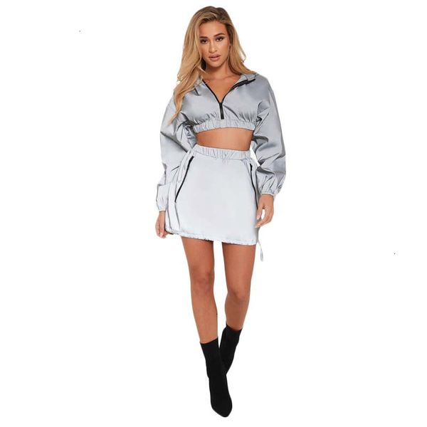 women reflective tracksuit zipper long sleeve hooded sweatshirts crop pockets mini skirt night version zipper 2 piece set, White
women reflective tracksuit zipper long sleeve hooded sweatshirts crop pockets mini skirt night version zipper 2 piece set, White