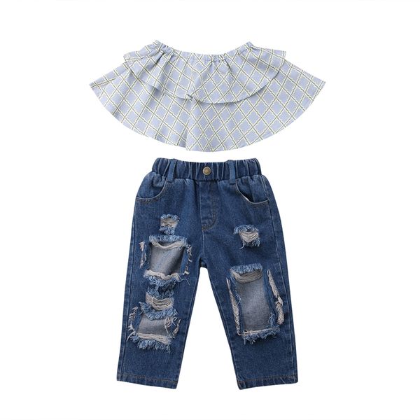 2020 newly summer pretty fashion 2pcs sets baby girls off shoulder ruffles vest denim blue hole pants outfit 1-6y, White
2020 newly summer pretty fashion 2pcs sets baby girls off shoulder ruffles vest denim blue hole pants outfit 1-6y, White