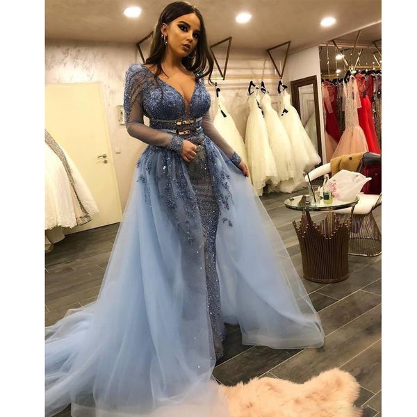 fashion mermaid evening dresses with detachable train tulle long sleeves beads special occasion dress tulle train red carpet gowns, Black;red
fashion mermaid evening dresses with detachable train tulle long sleeves beads special occasion dress tulle train red carpet gowns, Black;red