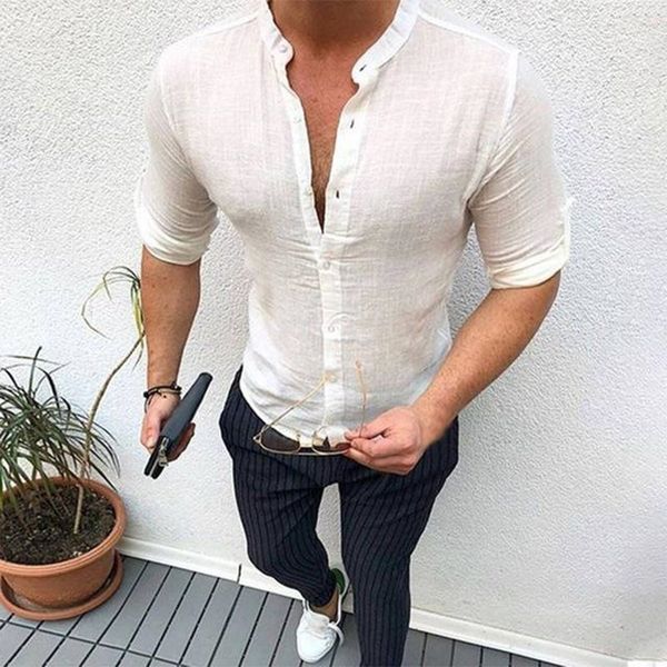 men's solid color standing collar long sleeve button shirt male fashion casual slim, White;black
men's solid color standing collar long sleeve button shirt male fashion casual slim, White;black