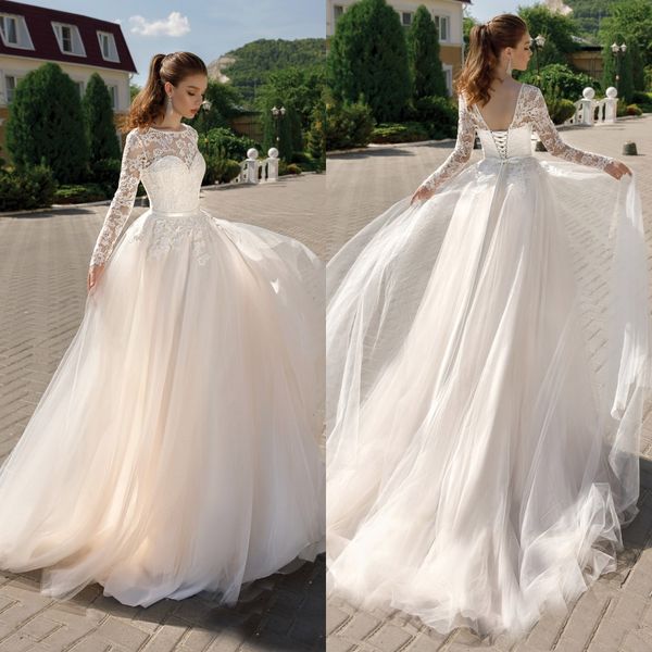 long sleeve a line wedding dresses see through illusion lace appliques bridal gowns lace-up back beach wedding dress, White
long sleeve a line wedding dresses see through illusion lace appliques bridal gowns lace-up back beach wedding dress, White