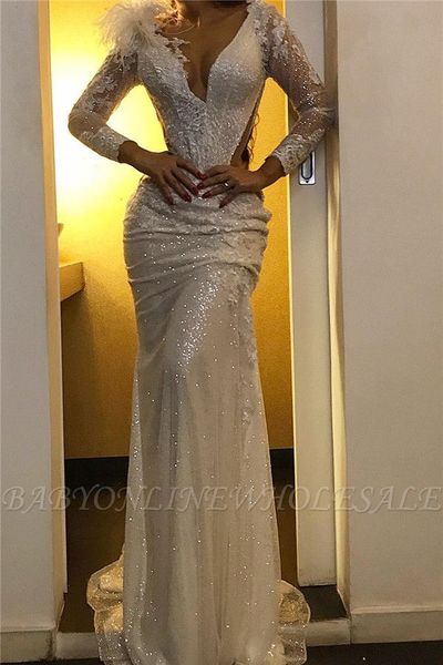 white long sleeevs mermaid african prom dresses with feathers vintage lace appliqued open back evening gown long formal party dress, Black
white long sleeevs mermaid african prom dresses with feathers vintage lace appliqued open back evening gown long formal party dress, Black