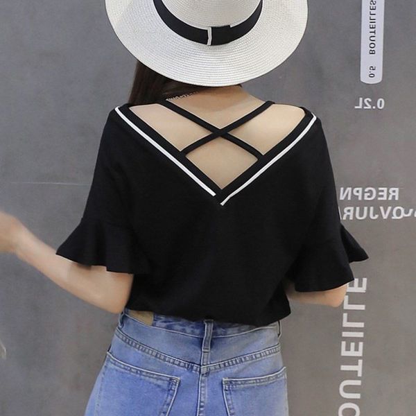 women summer v-neck t shirt solid color loose fashion backless hollow t-shirt casual simple leaf sleeve tee, White
women summer v-neck t shirt solid color loose fashion backless hollow t-shirt casual simple leaf sleeve tee, White
