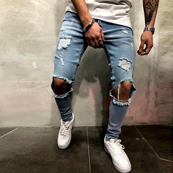 fashion streetwear men's jeans knee hole ripped jeans distressed denim skinny pants elastic men pants, Blue
fashion streetwear men's jeans knee hole ripped jeans distressed denim skinny pants elastic men pants, Blue