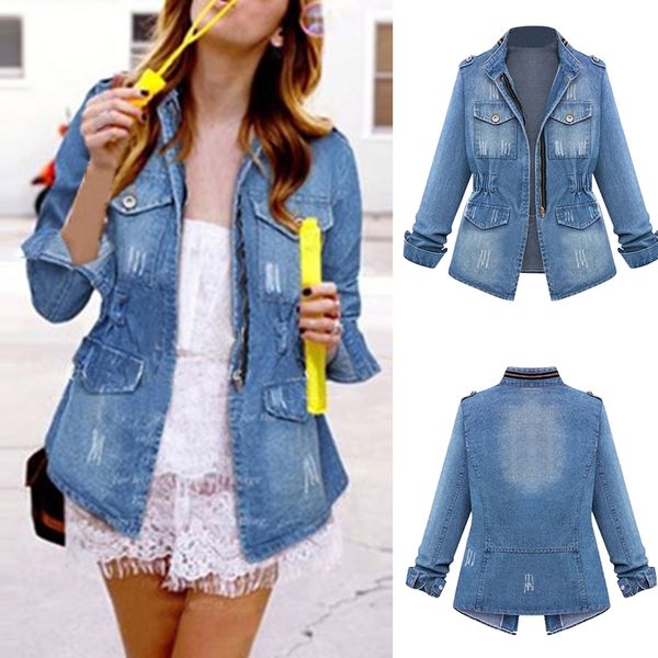 women's jackets 2021 women fashion solid color denim ladeis long sleeve elastic waist zipper casual loose slim fit coat with pockets, Black;brown
women's jackets 2021 women fashion solid color denim ladeis long sleeve elastic waist zipper casual loose slim fit coat with pockets, Black;brown