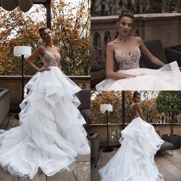 2020 new spaghetti straps beadings wedding dresses ruffles layered nude see through built-in bra backless a-line designer bridal gowns, White
2020 new spaghetti straps beadings wedding dresses ruffles layered nude see through built-in bra backless a-line designer bridal gowns, White