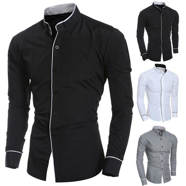 men casual solid color long sleeve stand collar sliming button closure shirt top, White;black
men casual solid color long sleeve stand collar sliming button closure shirt top, White;black