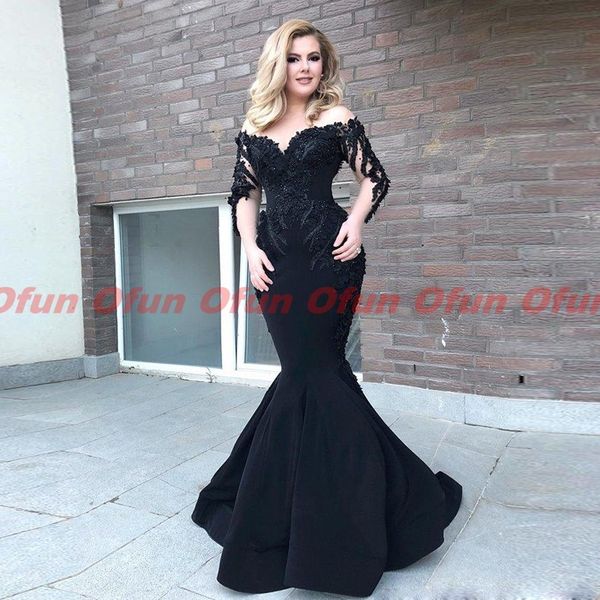 gorgeous black long sleeve mermaid evening dresses 2019 off shoulder beaded long saudi arabic satin prom dress, Black;red
gorgeous black long sleeve mermaid evening dresses 2019 off shoulder beaded long saudi arabic satin prom dress, Black;red