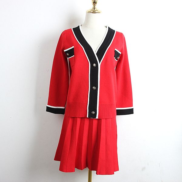 2020 spring autumn new women's v-neck contrast knit t-shirt college style pleated skirt red two piece set two piece dress cardigan, White
2020 spring autumn new women's v-neck contrast knit t-shirt college style pleated skirt red two piece set two piece dress cardigan, White